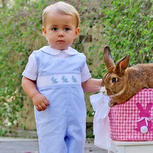 New CLASSIC WHIMSY Blue Gingham Embr Bunny Smocked Longall Romper 18M